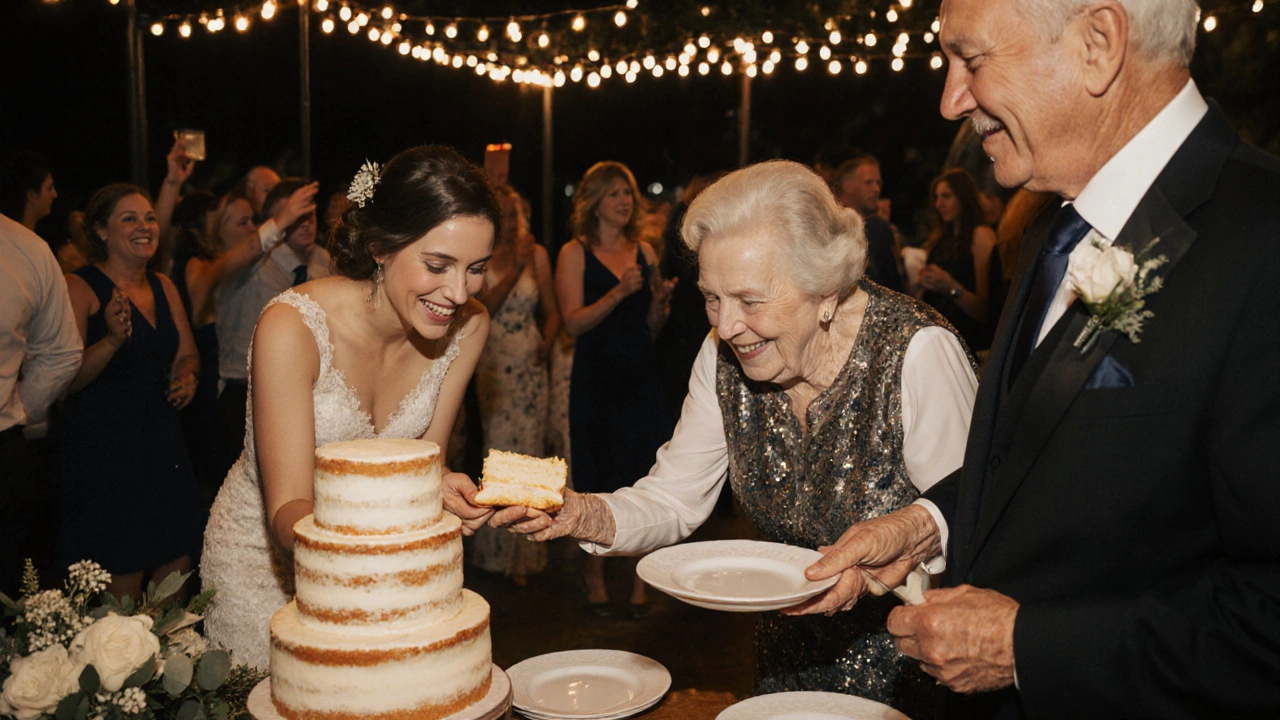 Bride giving first slice of cake to her mother at a wedding reception with string lights in background.