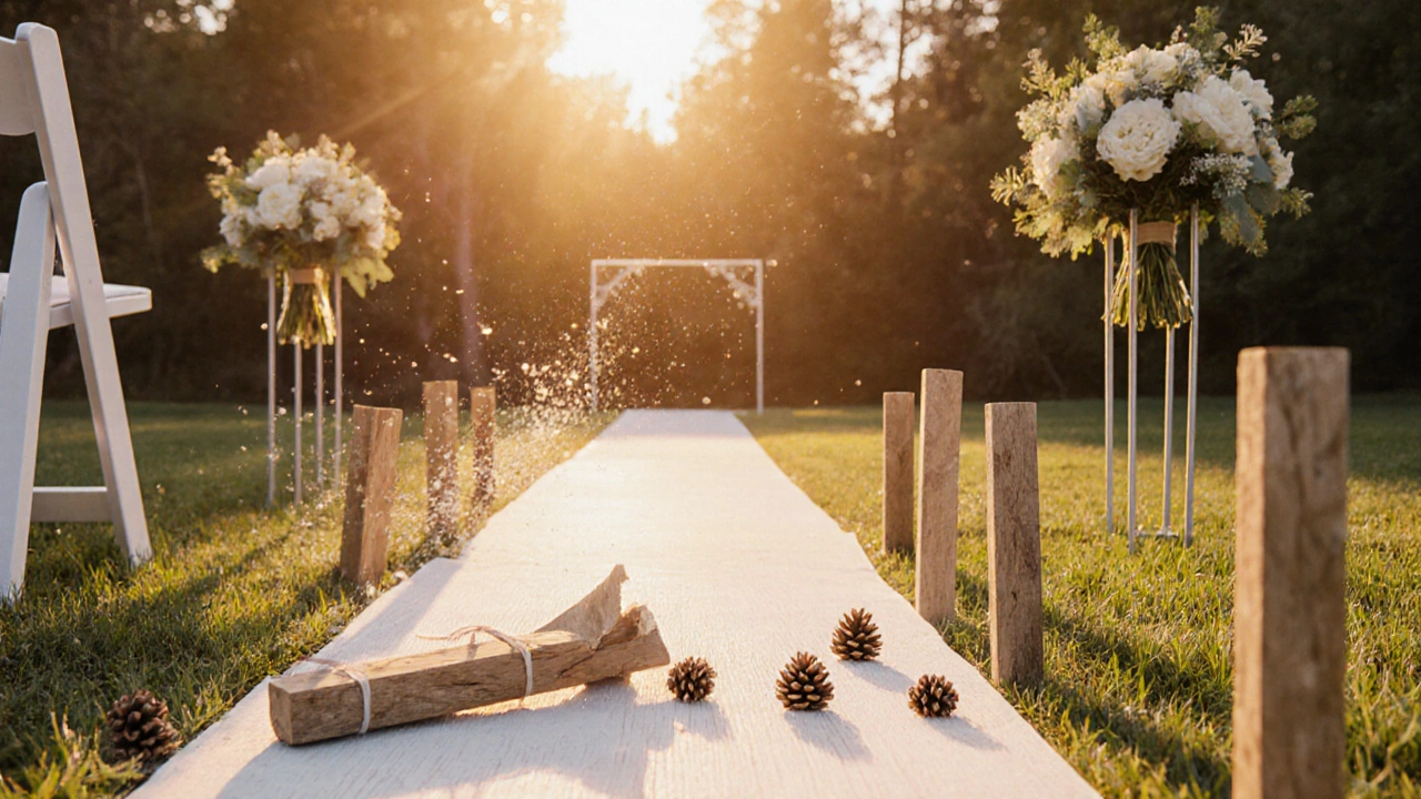 Broken DIY wooden markers on grass, professional floral stands in background at sunset.