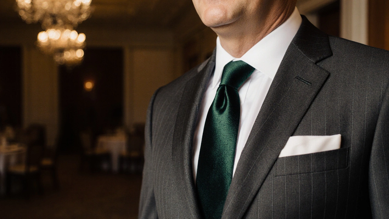 Close-up of charcoal pinstripe suit with velvet tie and brown shoes, elegant accessories suggesting refined, understated style.