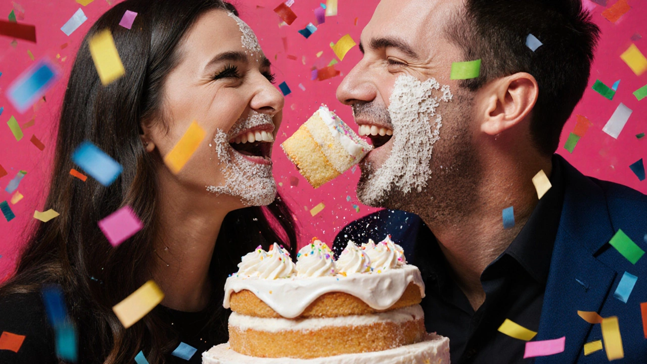 Couple laughing as they toss cake into each other&#039;s mouths, frosting on their faces.