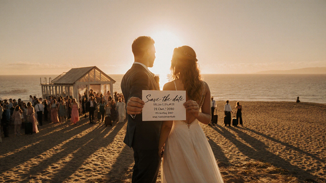Couple on a seaside cliff holding a save-the-date card at golden hour with distant guests arriving.