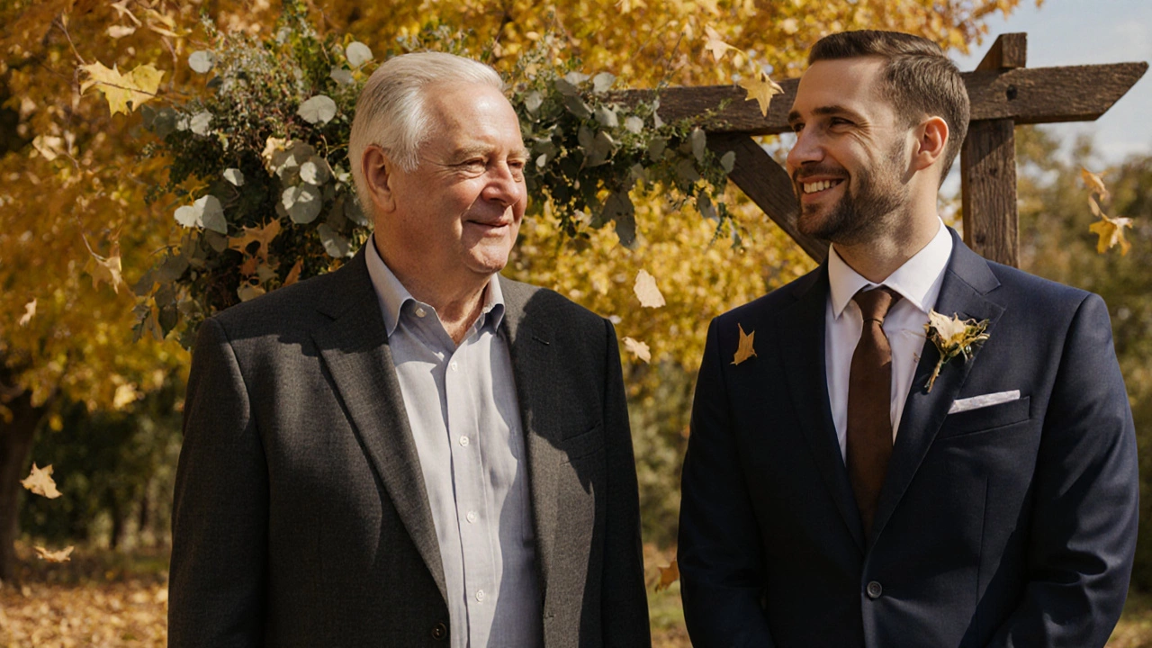Father in lightweight charcoal suit at autumn outdoor wedding, golden leaves falling around him as he stands beside his son.