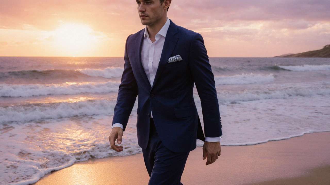 Groom in navy linen suit walking barefoot on a beach at sunset with silk pocket square.