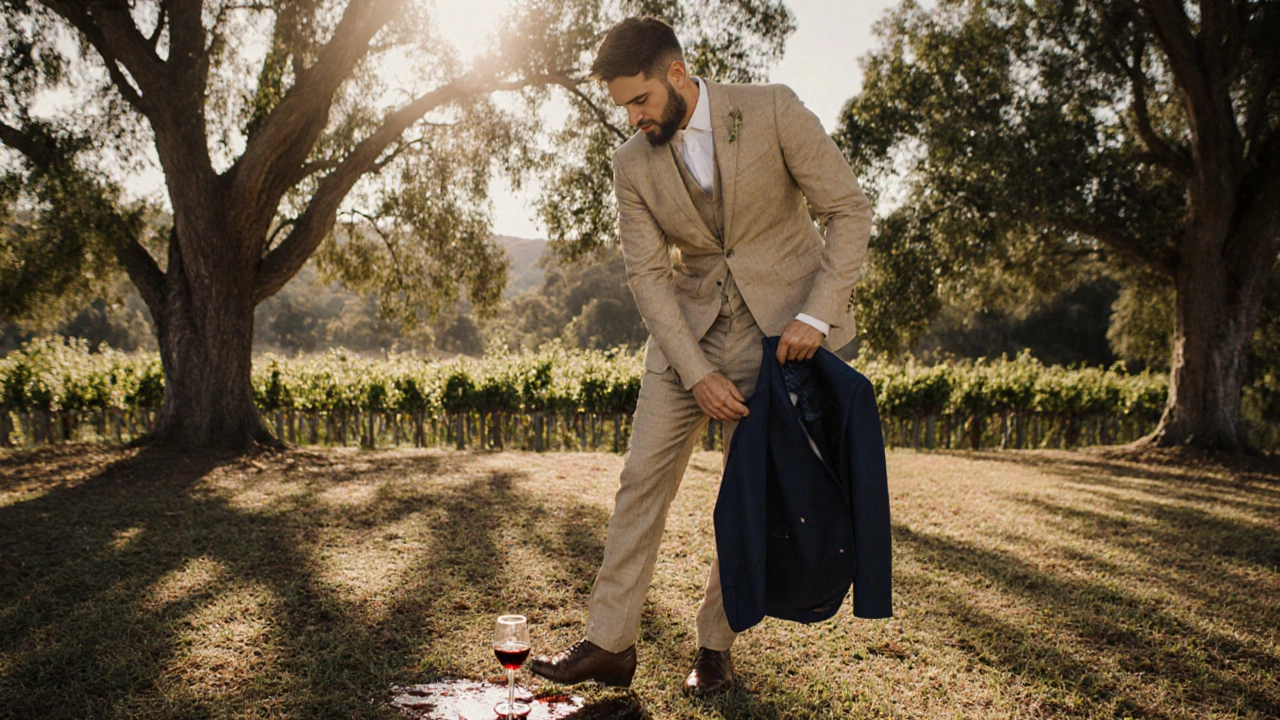 Groom in tan linen suit at vineyard with spilled wine and backup navy blazer nearby.