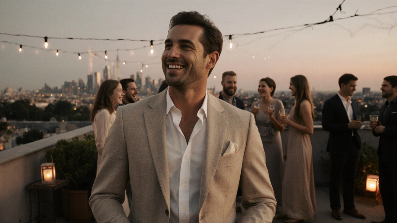 Man in beige summer suit at rooftop party with pocket square and loafers.