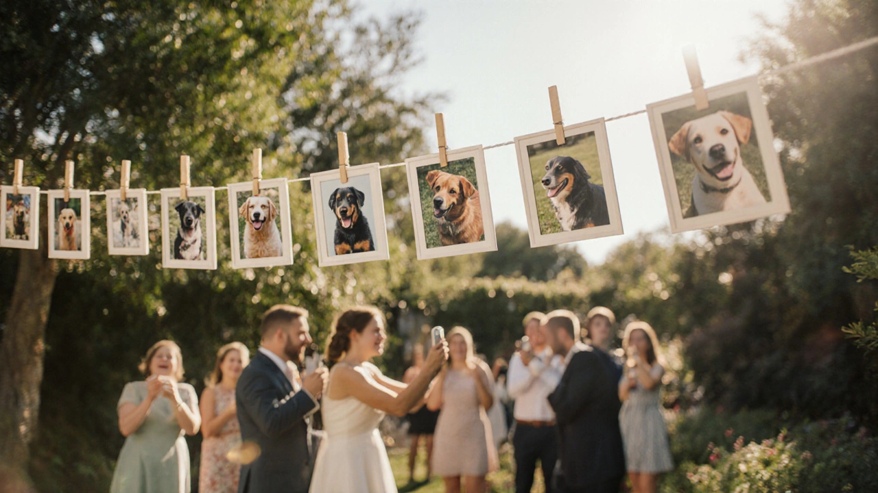 Photos of a dog on a clothesline at a garden wedding, guests smiling nearby.
