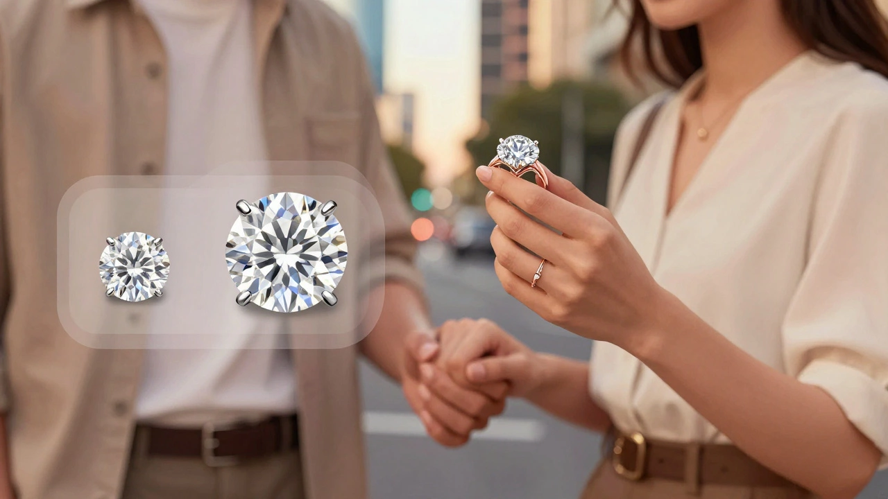 A couple admiring a lab-grown diamond ring with vintage rose gold setting, urban backdrop.