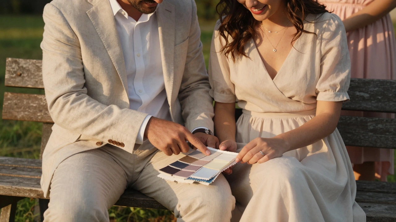 A couple discusses wedding suit fabric swatches together on a bench at sunset.