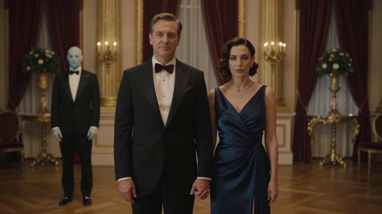 A couple dressed in navy and burgundy at an elegant evening wedding, harmonizing with the decor.