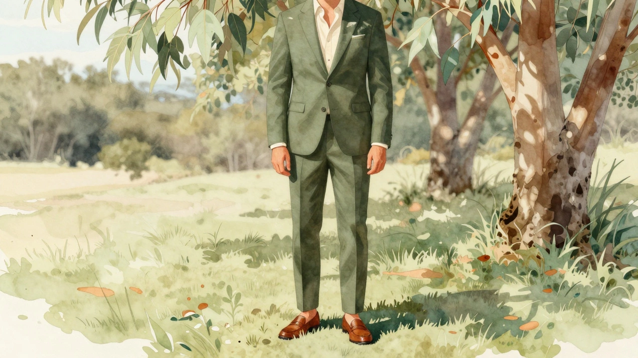 A groom in an olive suit wears a cream shirt and leather loafers under eucalyptus trees, barefoot on grass, looking relaxed and natural.