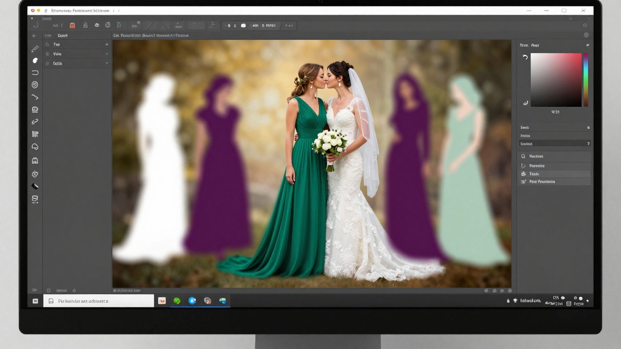 A photographer editing a wedding photo album, removing white-clad guests while safe colors surround the couple.