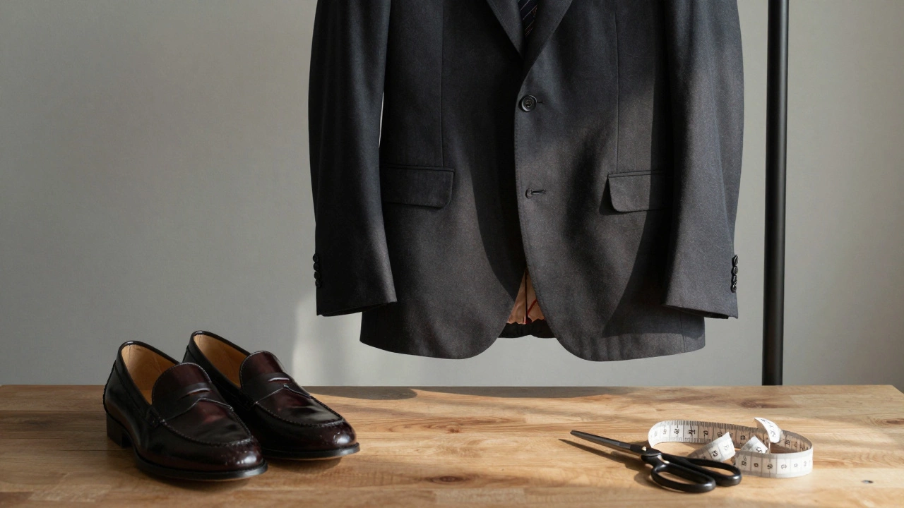 A tailored suit with loafers and a pocket square rests on a wooden table, tools of tailoring nearby.