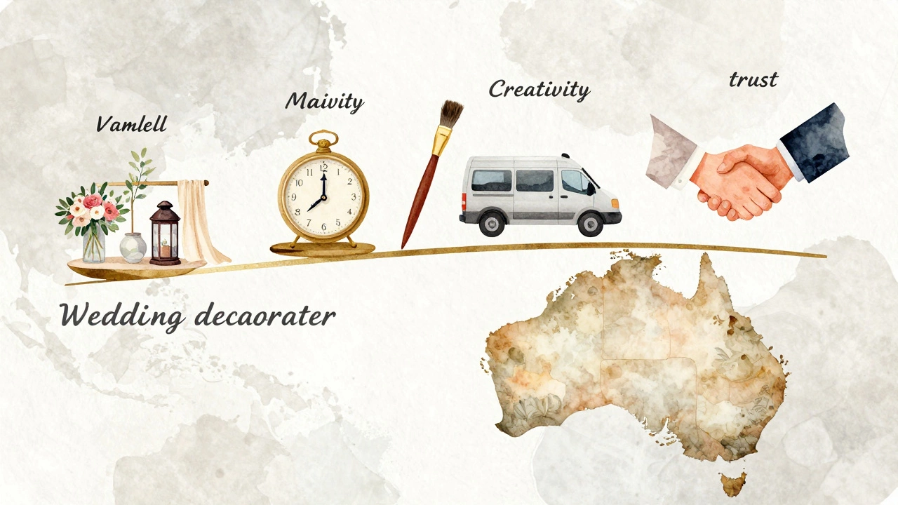 Artistic scale balancing wedding decor materials with time, creativity, and trust symbols over Australia.