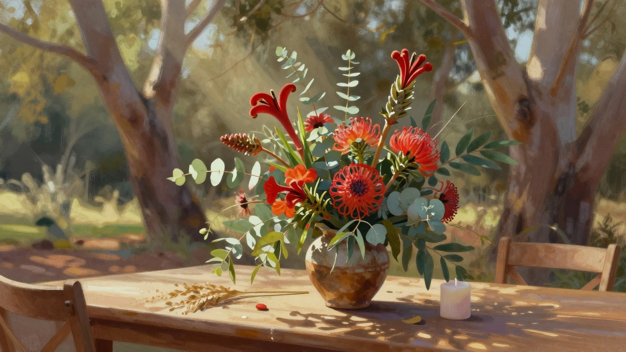 Australian summer wedding bouquet with kangaroo paw, waratah, and eucalyptus in a rustic vase.