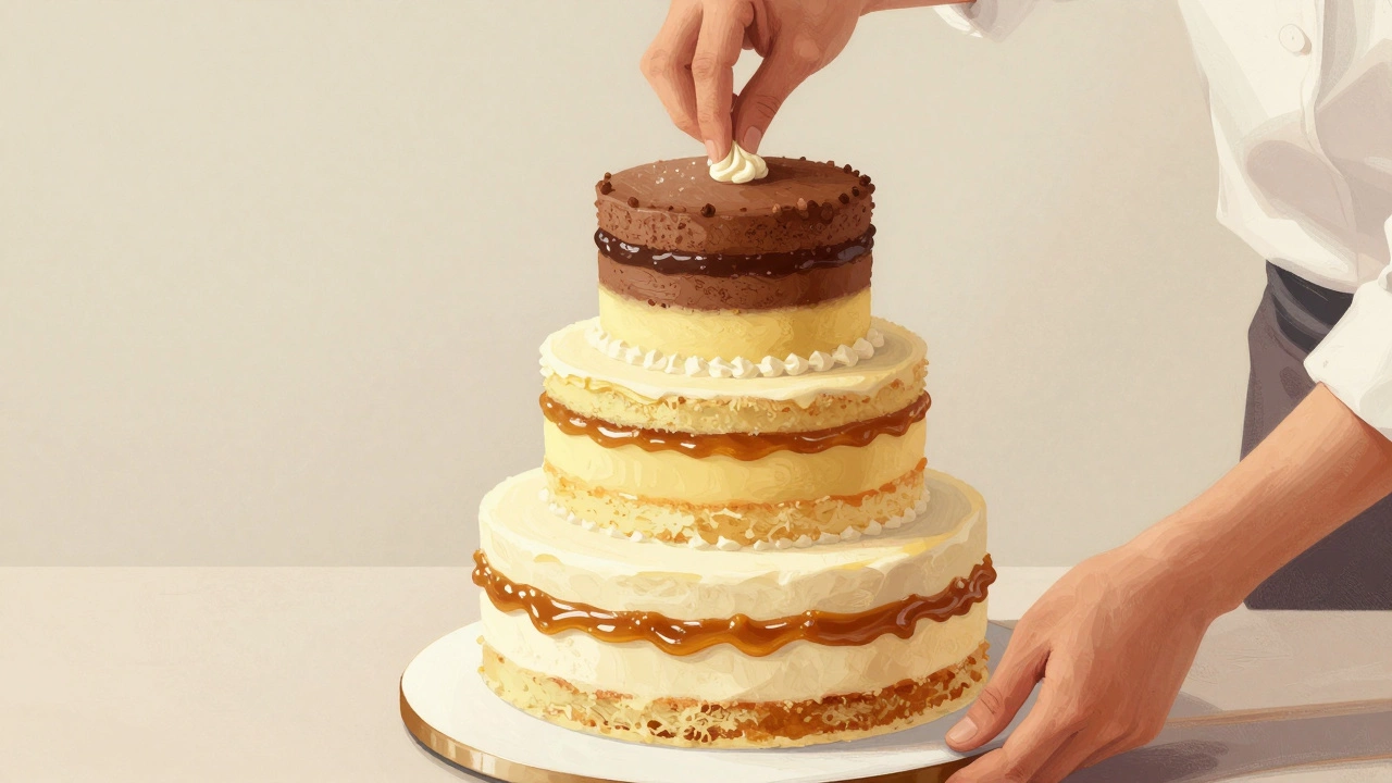 Baker assembling a wedding cake with three layers per tier and alternating fillings.