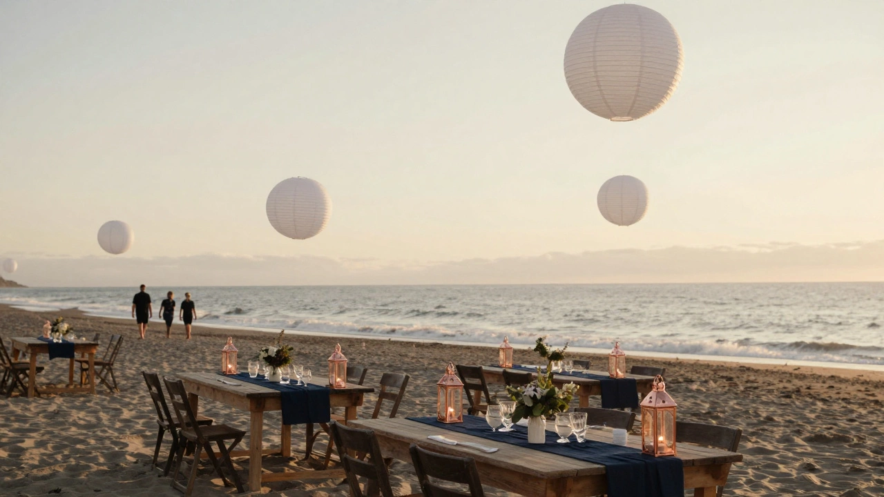 Beach wedding with navy table runners, white lanterns, and copper holders at golden hour beside the ocean.