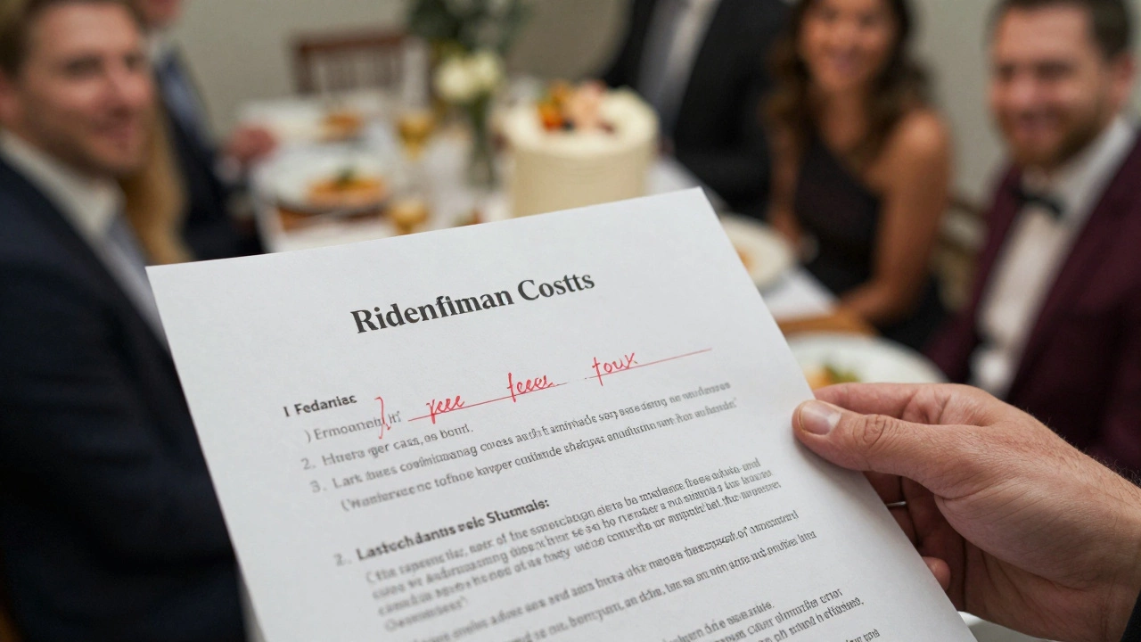 Close-up of a wedding catering contract with highlighted hidden fees like corkage and cake cutting.