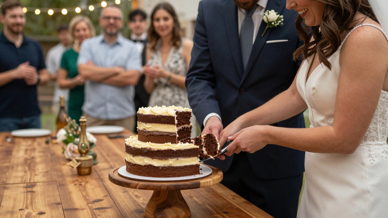Couple cutting into a chocolate Costco wedding cake at a rustic table with guests smiling nearby.