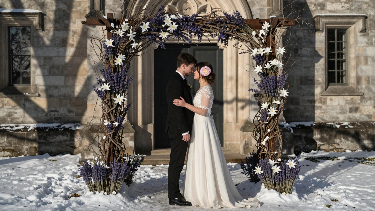Couple under a dried-flower arch in February snow, with peony in bride's hair.