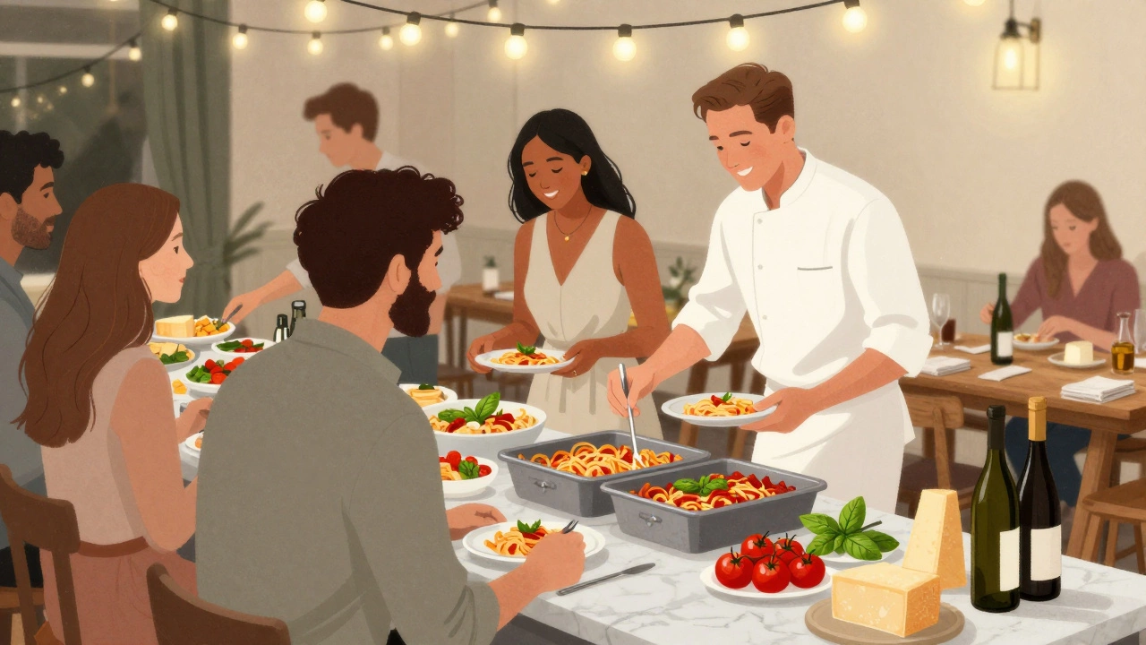Couples enjoying a pasta food station at a wedding with fresh ingredients and string lights.