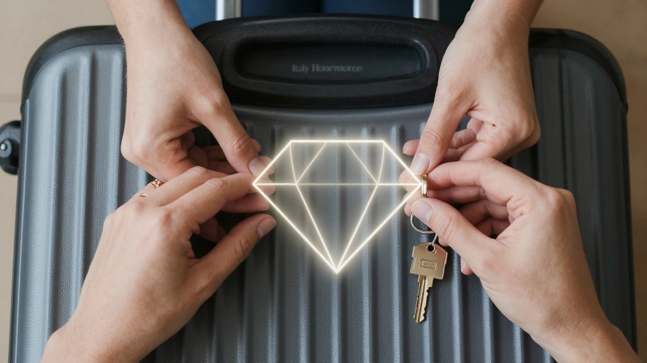 Engagement ring beside a suitcase and house key, representing smart spending and future dreams.