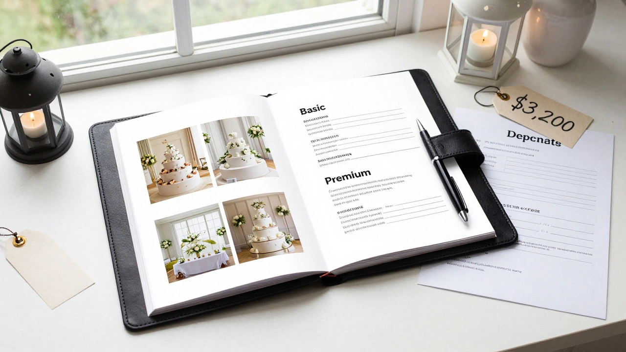 Flat-lay of a wedding decor pricing portfolio with photos, contract, and decor items on a wooden table.