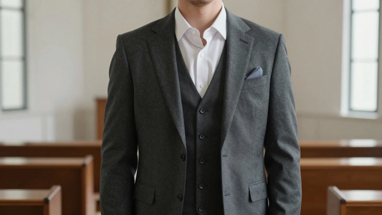 Groom in charcoal three-piece suit with vest, no tie, silver chain, soft chapel light.