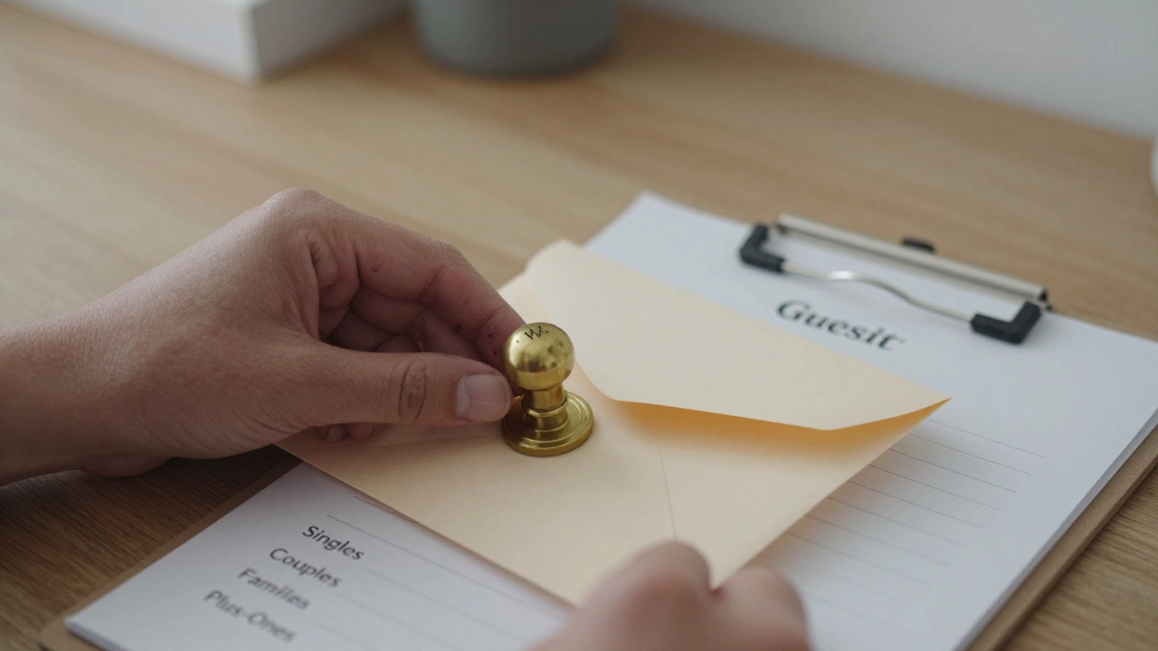 Hand placing a sealed wedding invitation into an envelope with a guest list clipboard nearby.