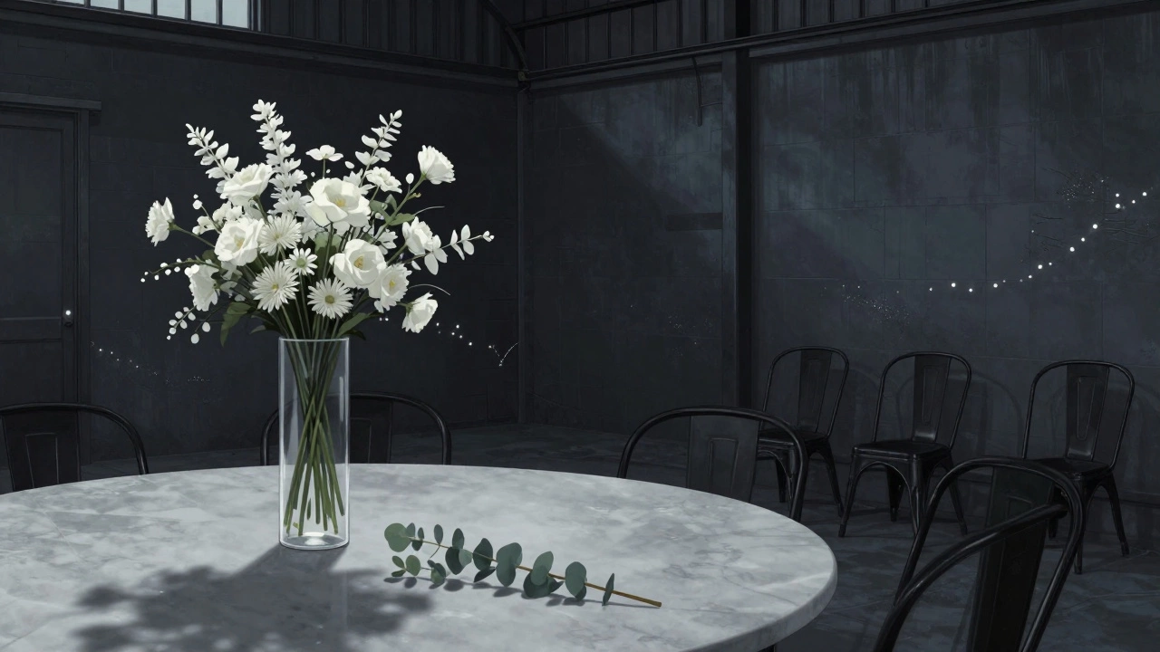 Minimalist urban wedding with charcoal walls, white flowers, and black chairs illuminated by string lights.