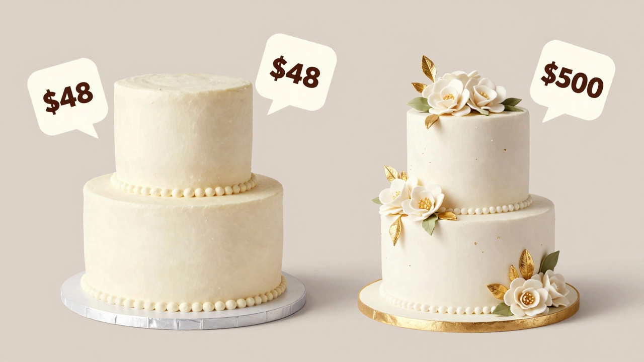 Side-by-side comparison of affordable Costco cake and luxury wedding cake with price tags floating nearby.