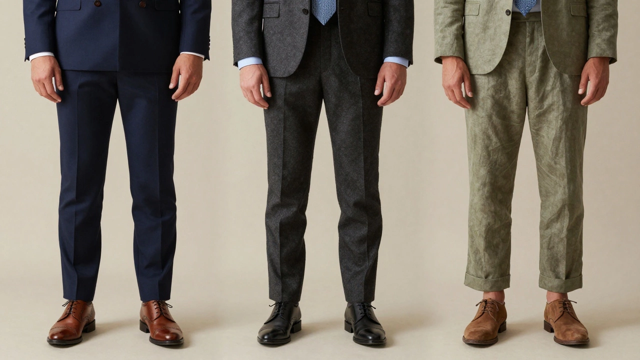 Three grooms in different 2024 suit styles—navy, charcoal, olive—each with distinct shoes and textures, showcasing personal expression over matching.