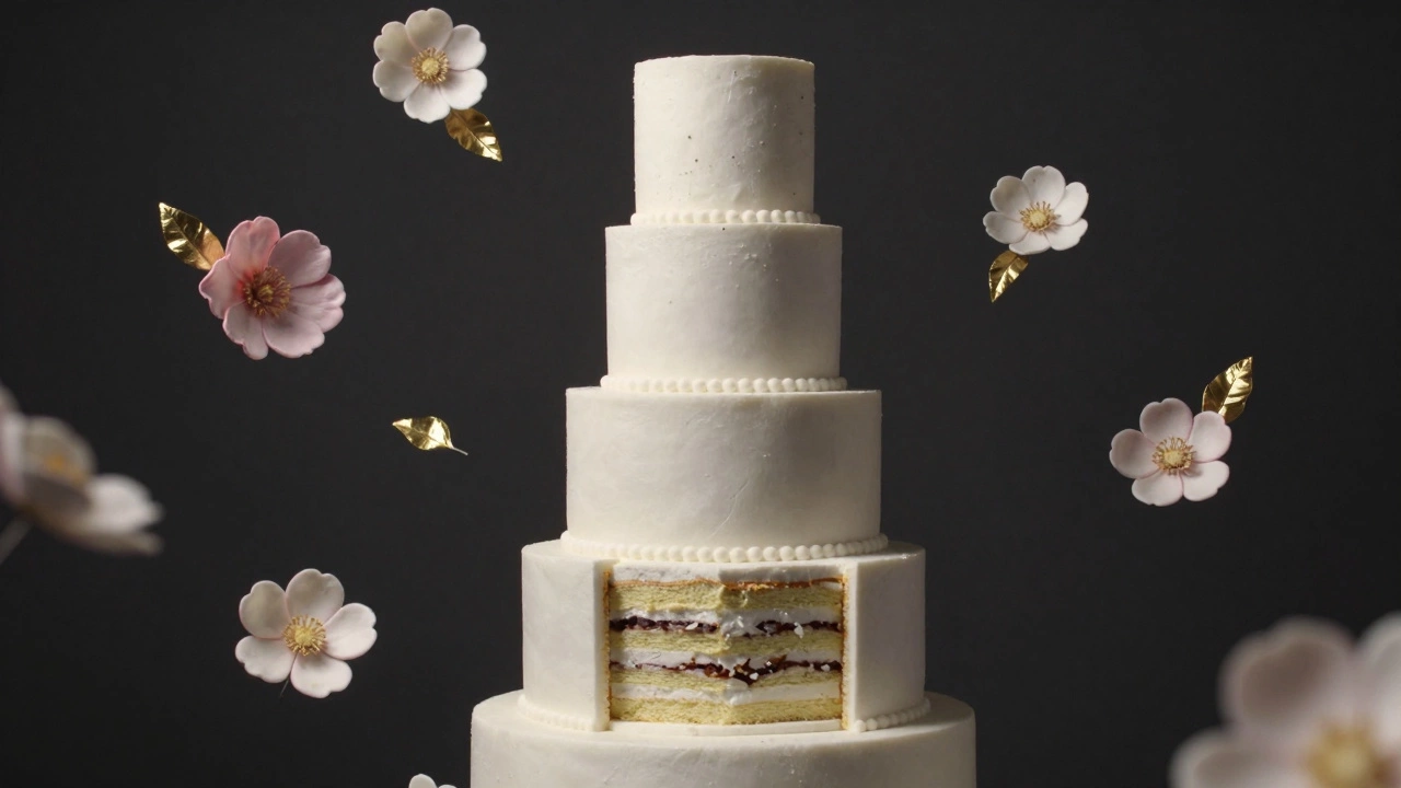 Wedding cake with two edible tiers and two dummy foam tiers, decorated with sugar flowers.