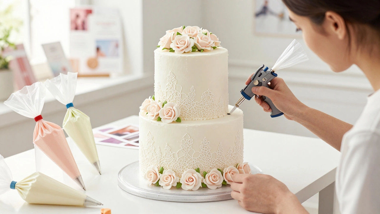 A cake decorator meticulously piping intricate lace details onto a wedding cake in a sunlit studio.