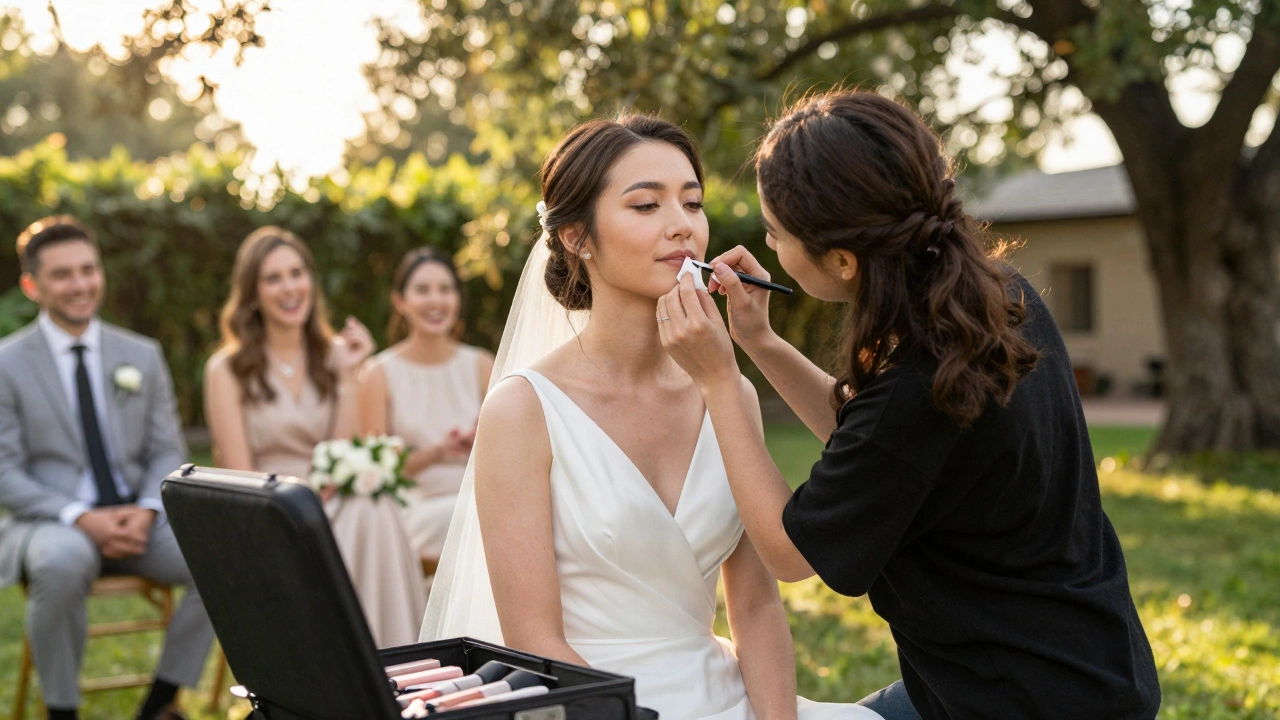 A makeup artist touching up a bride’s lipstick at an outdoor garden wedding.