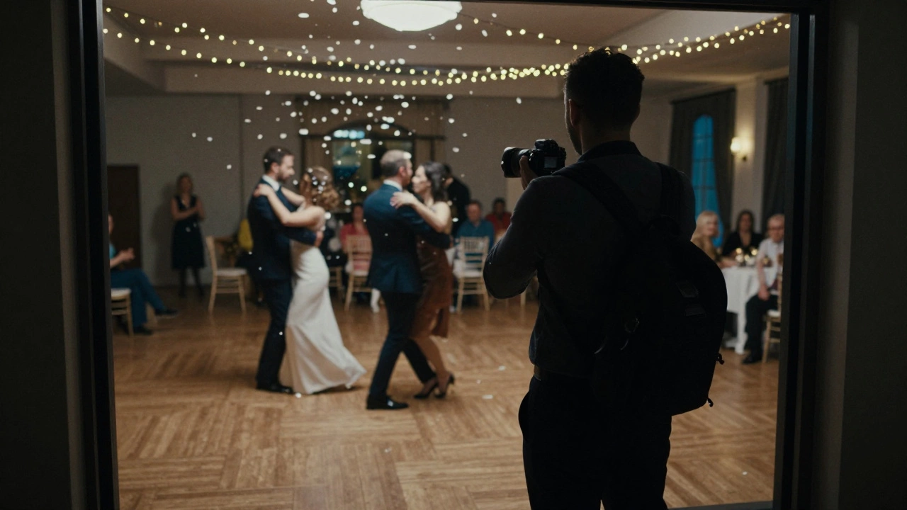 A silhouette of a photographer in black stands at the edge of a first dance, unseen in the warm, lit ballroom scene.