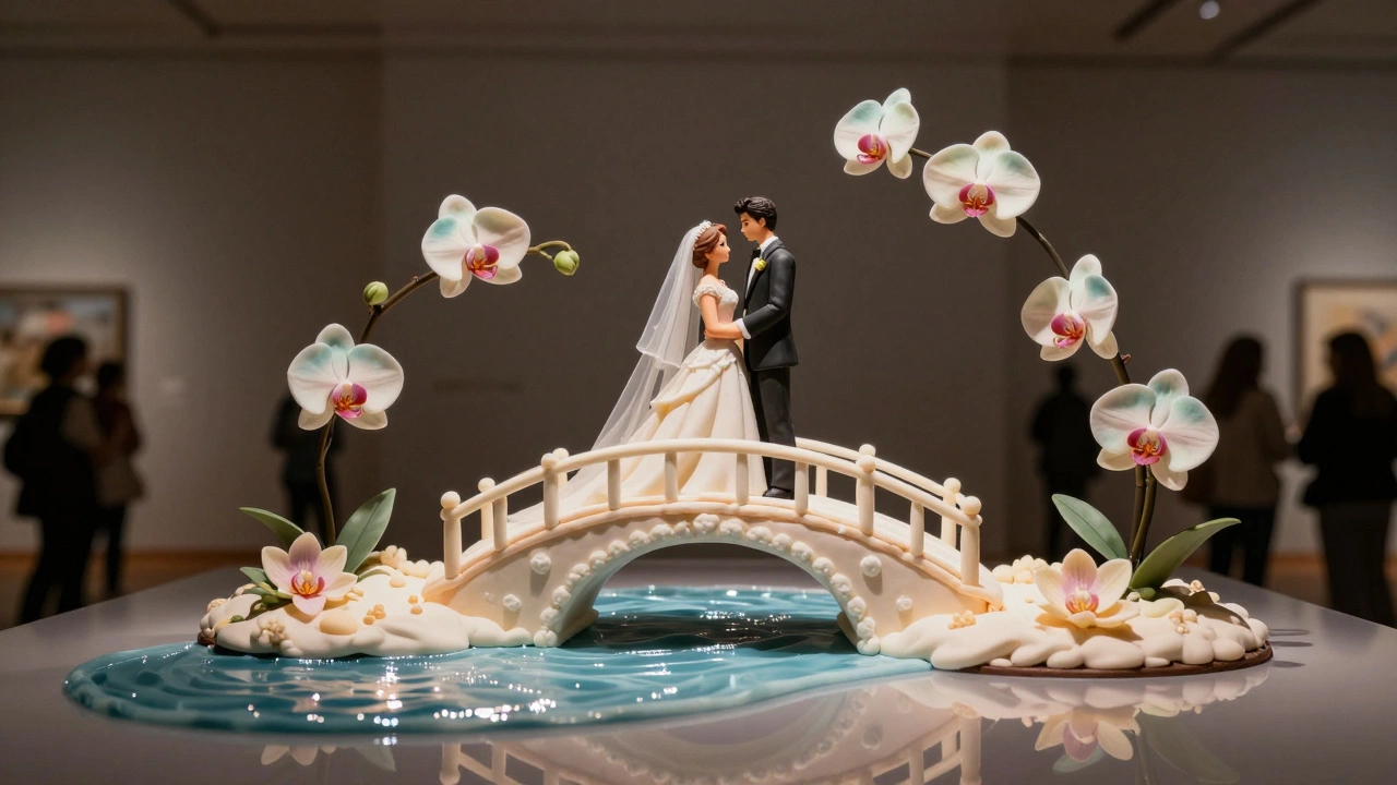 A stunning edible sculpture of a bride and groom on a sugar bridge, surrounded by floating flowers.