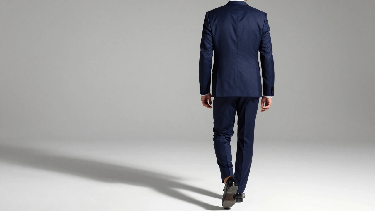 Back view of groom in navy suit with vertical pinstripes, matching belt and shoes, walking with clean, slim lines.