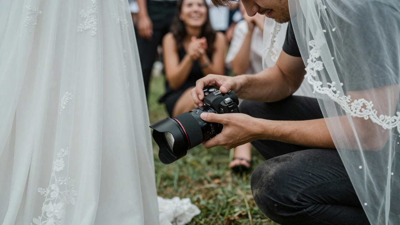 Close-up of a photographer's hands adjusting a camera lens beside a bride's veil, kneeling on grass with no distractions.