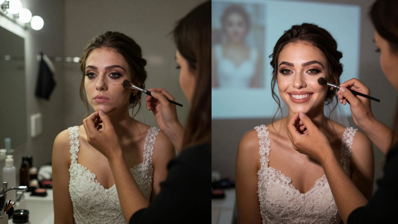 Contrasting images of DIY versus professional bridal makeup under different lighting.