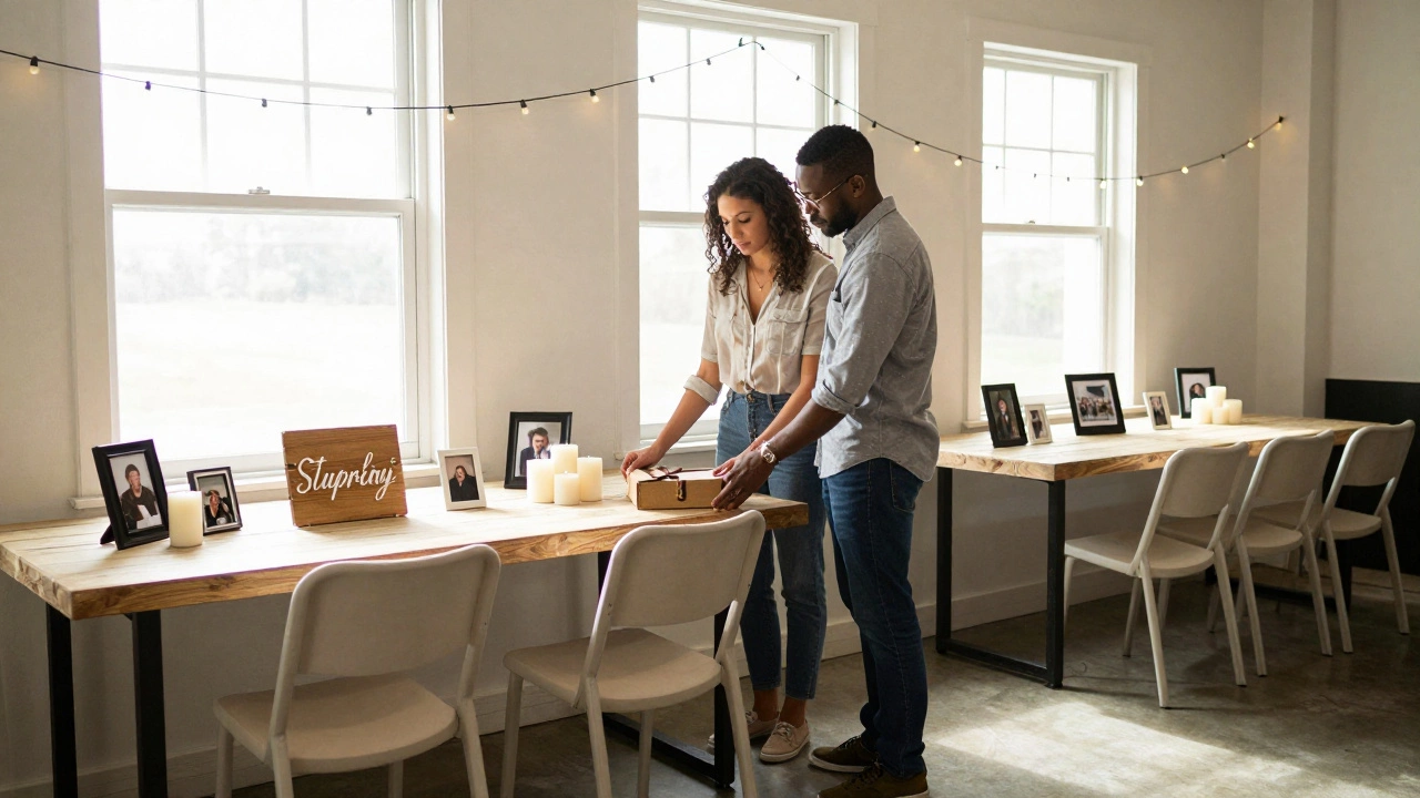 Couple adding personal touches like photos and candles to a venue's basic decor.