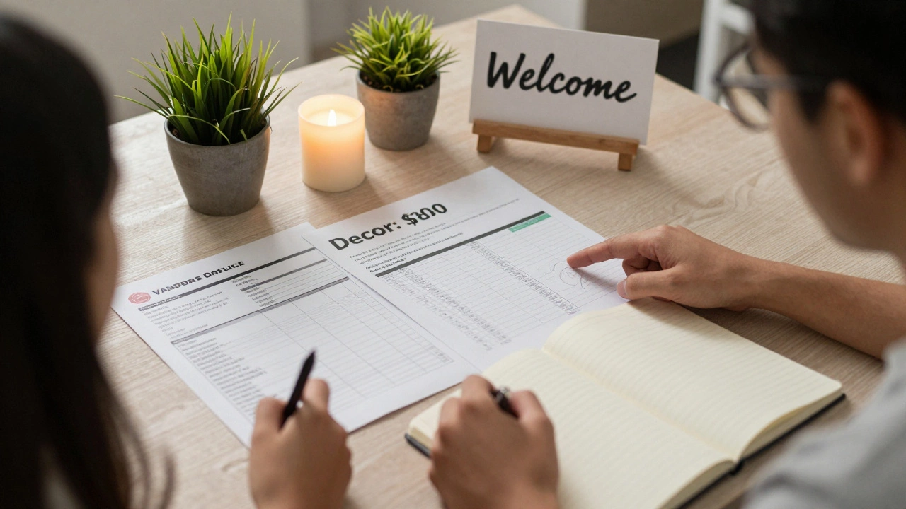 Couple reviewing a wedding decor budget at a kitchen table with sketches of candles and signs.