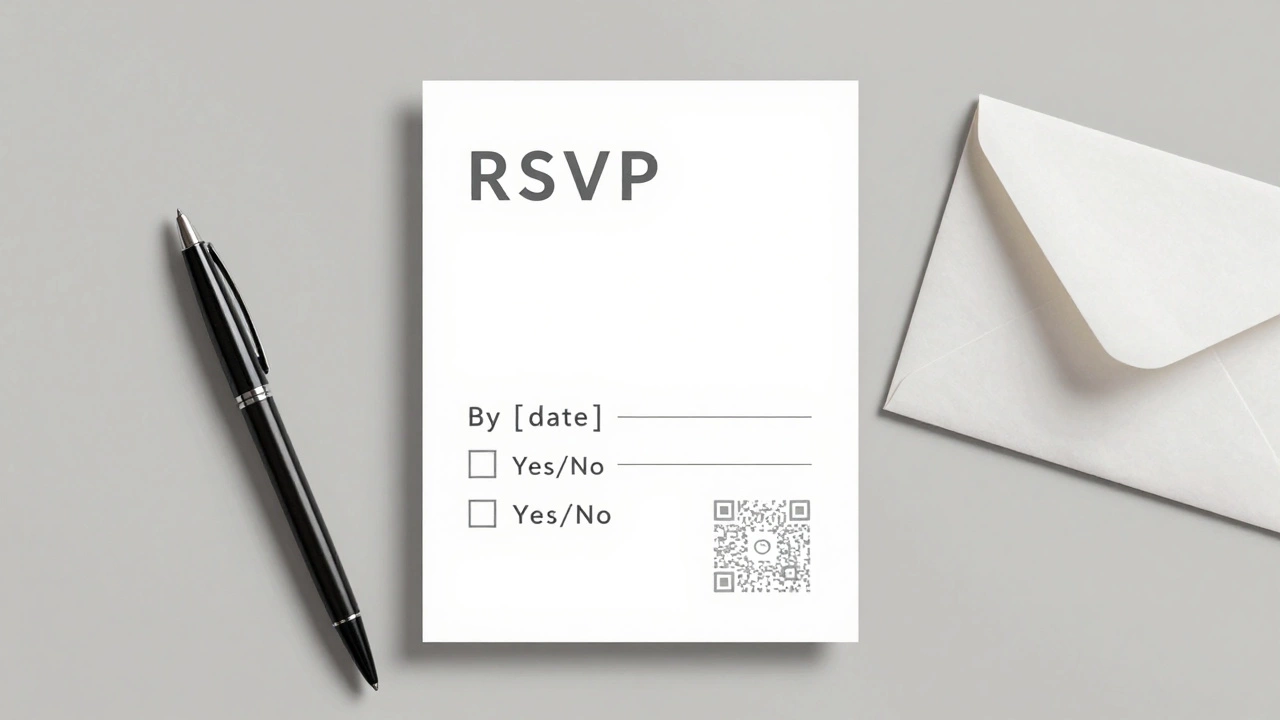 Modern wedding invitation with RSVP, date, and yes/no options alongside a QR code on neutral background.