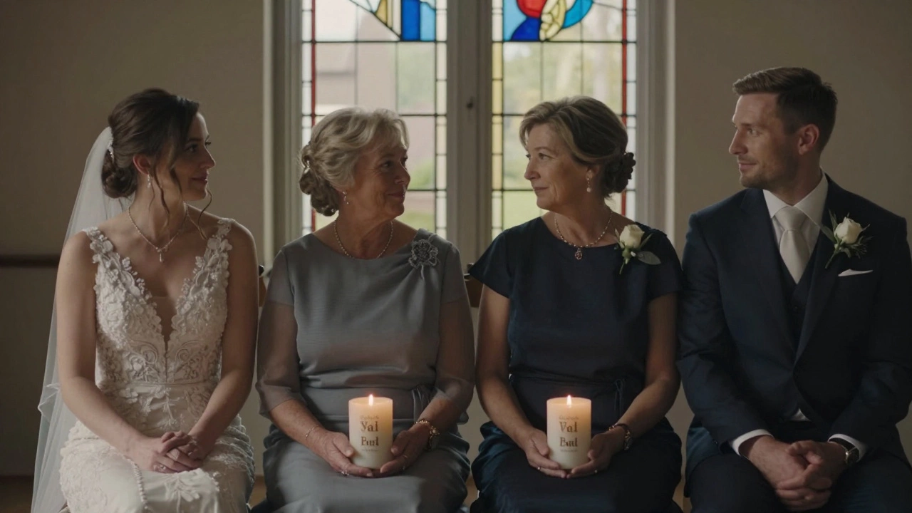 Mother of the groom and bride’s mother sit together, holding handmade candles, sharing a quiet moment during the ceremony.