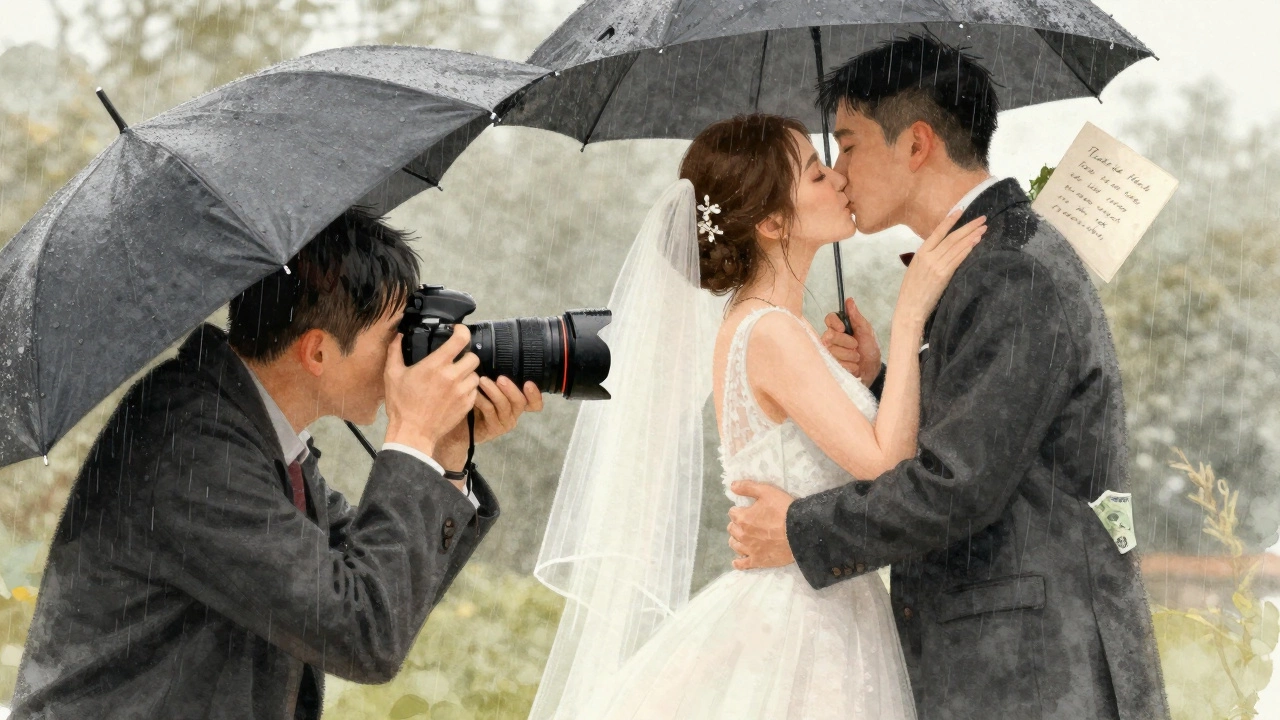 Photographer capturing a kiss in the rain, with a  tip visible in their pocket.