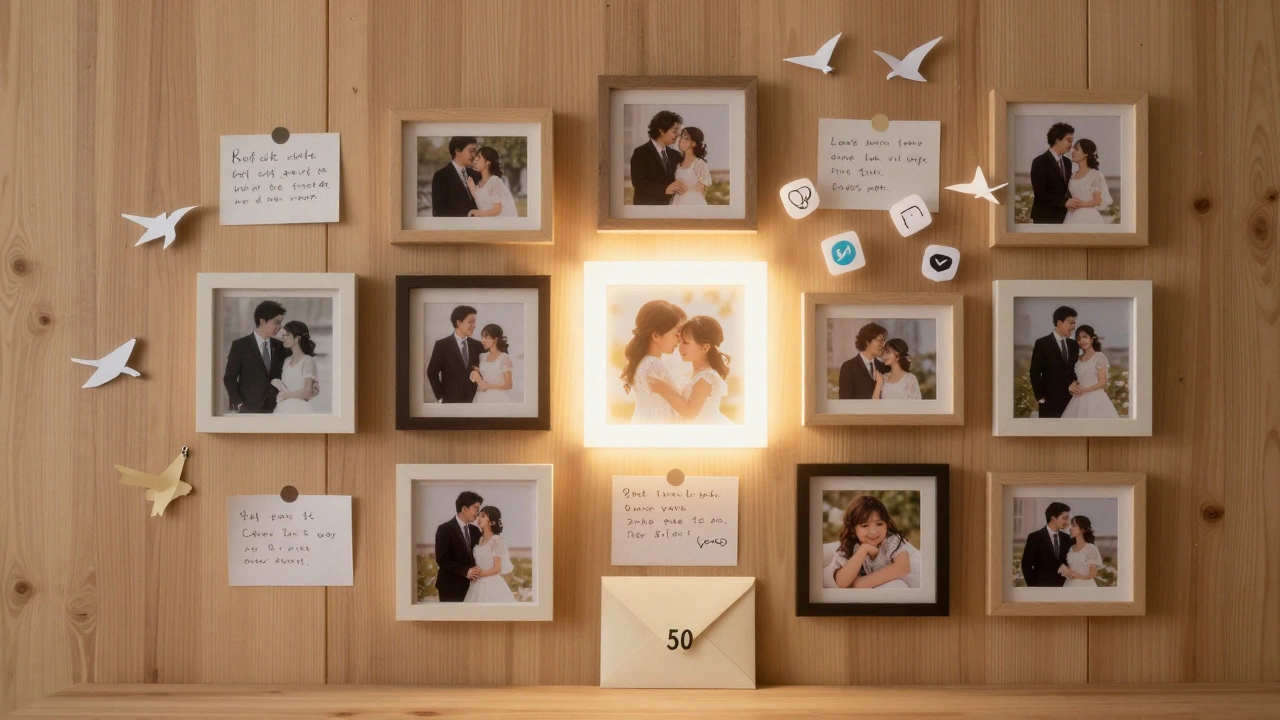 Wall of wedding photos with glowing image and handwritten thank-you notes.