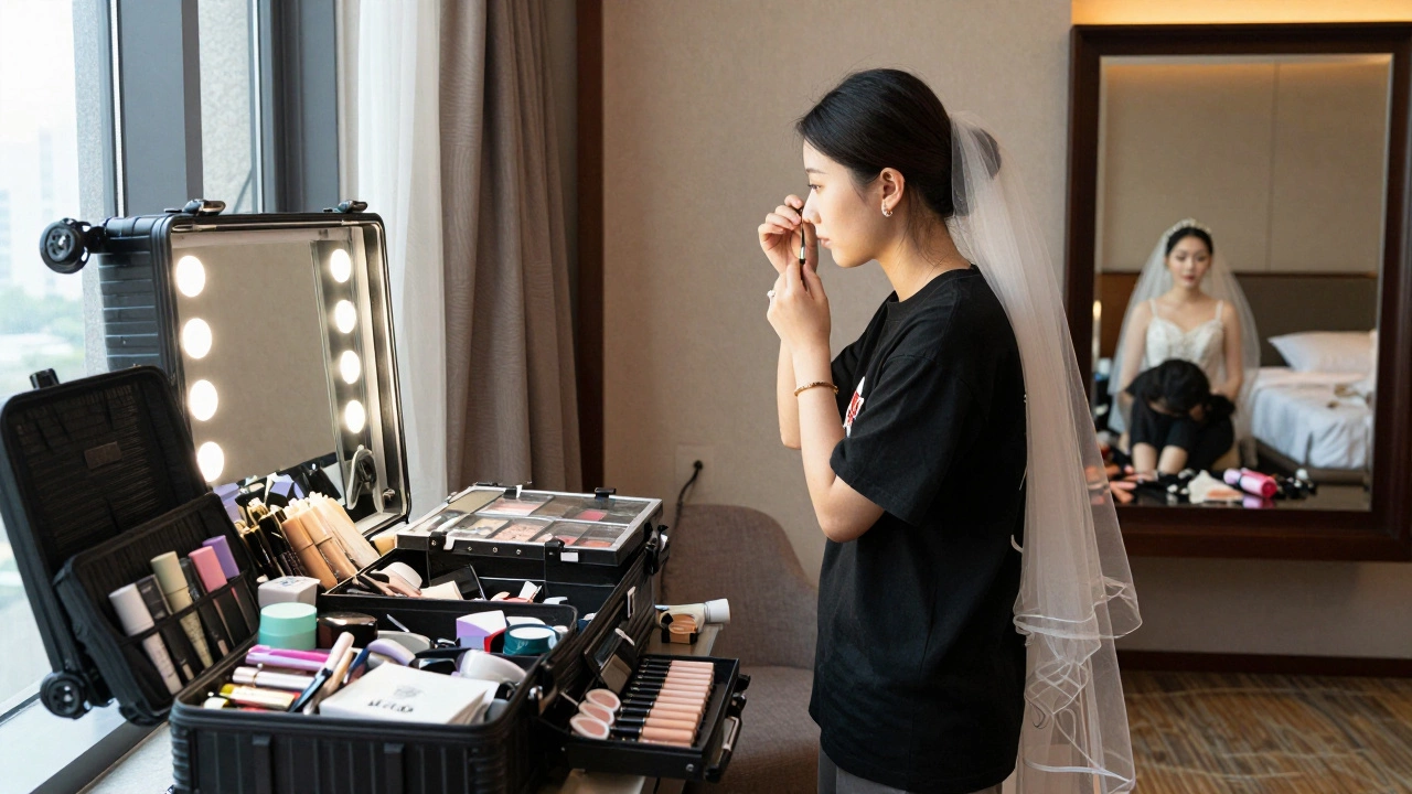 A bridal makeup artist setting up a full kit in a hotel room, adjusting a bride’s veil under dual lighting.