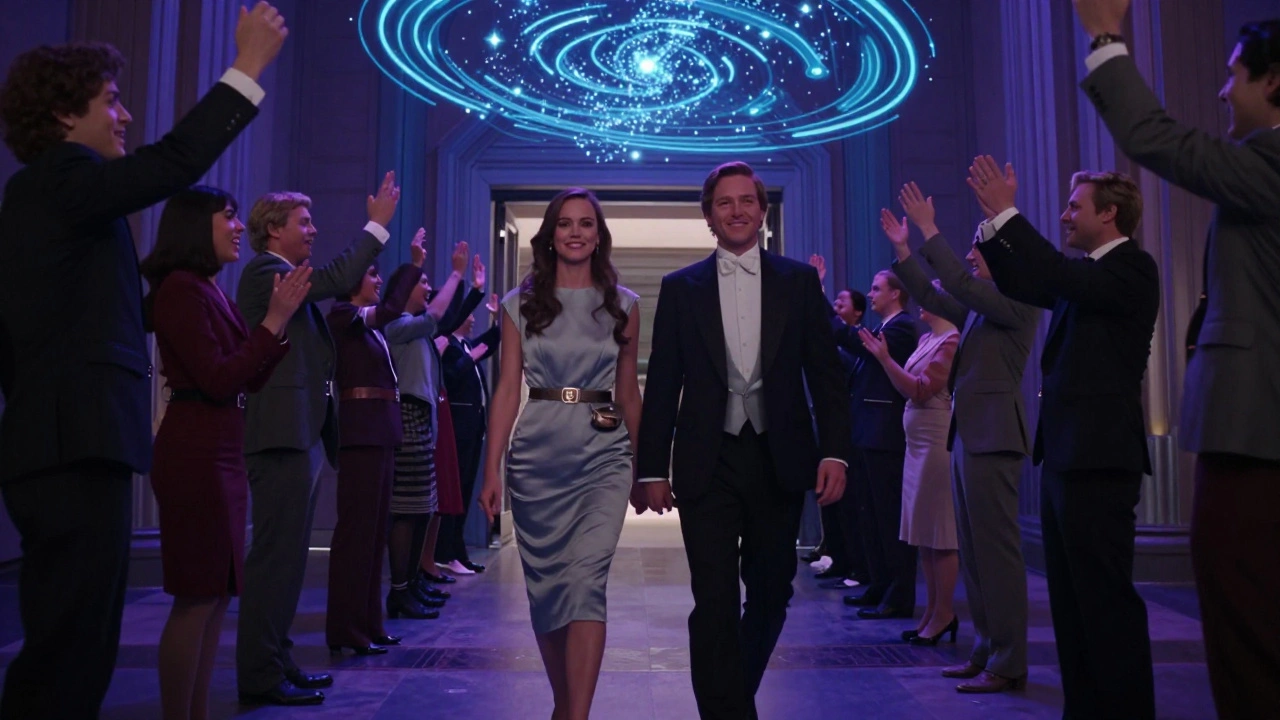 A couple enters a grand hall to Star Wars music, guests cheering, with glowing blue-purple lights and star projections.