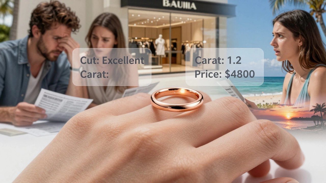 A hand wearing a simple diamond ring with floating text showing cut, carat, and price details.