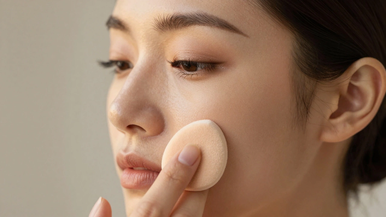 Close-up of bride blending foundation with a sponge, neutral eyeshadow, and false lash being applied.