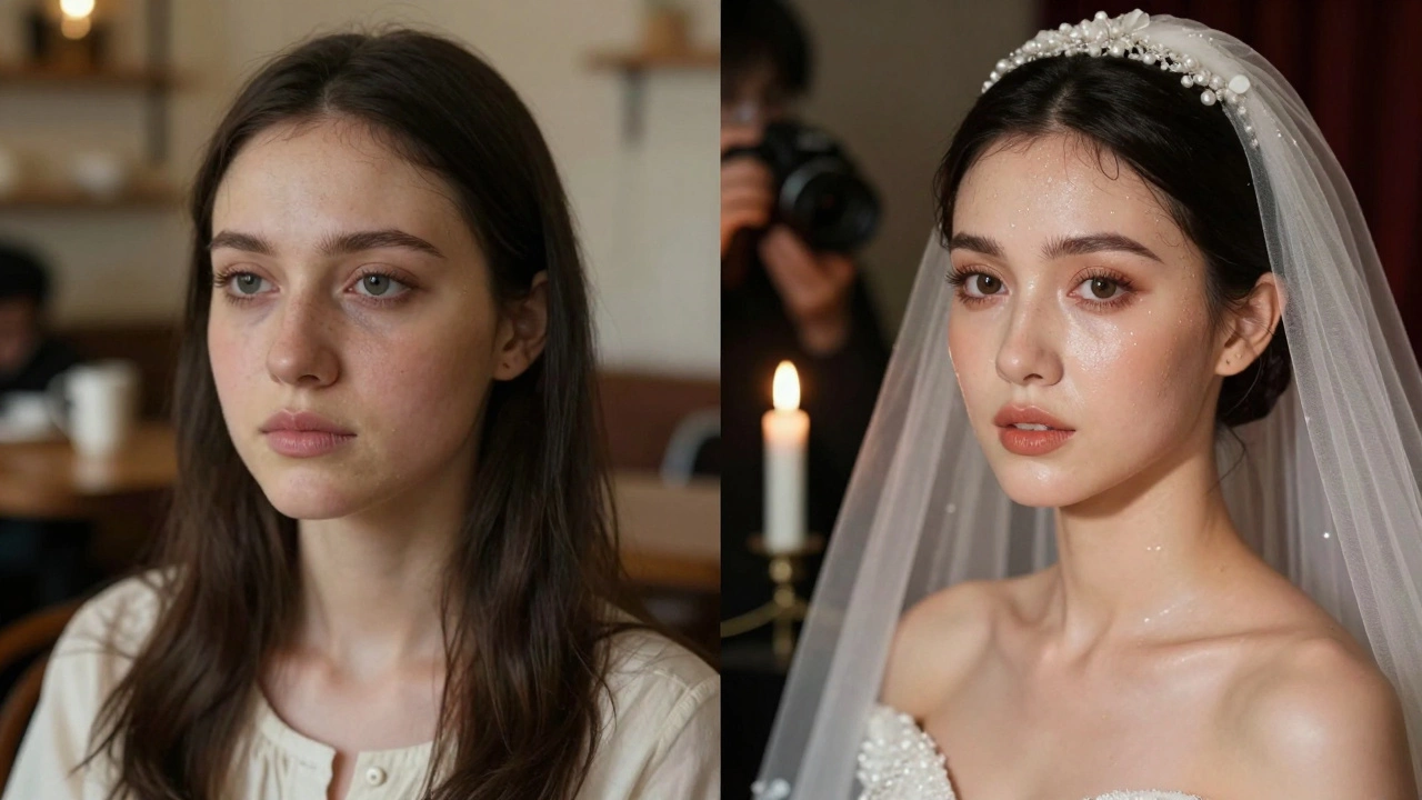 Contrasting side-by-side images: faded daytime makeup vs. flawless bridal look under candlelight and camera flashes.